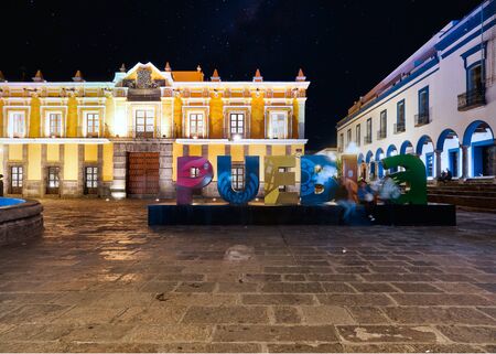 Giant letters of Puebla in Main Theater square at nightのeditorial素材