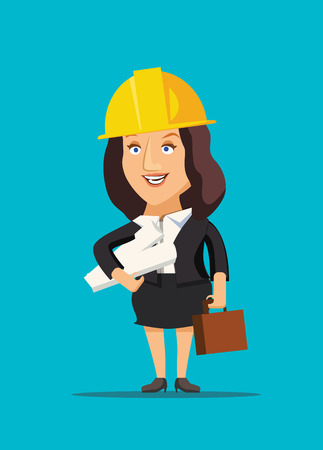 Architect female holding blueprint plans of construction site and building vector illustrationのイラスト素材