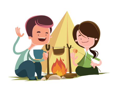 Friends next to camping fire vector illustration cartoon characterのイラスト素材
