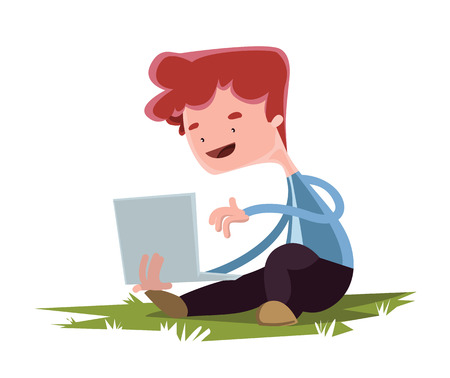 Young boy with lap top on grass vector illustration cartoon characterのイラスト素材