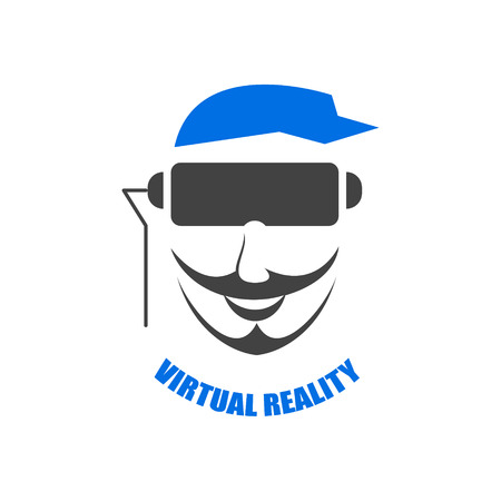 Logo of a man with a beard and mustache in the helmet of virtual reality. Vector flat illustration.のイラスト素材
