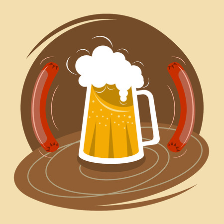 Mug of beer with foam and two sausagesのイラスト素材
