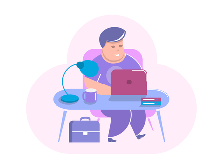 The man sits at the table and with the help of a computer is engaged in business. Vector flat illustration for web design and printingのイラスト素材