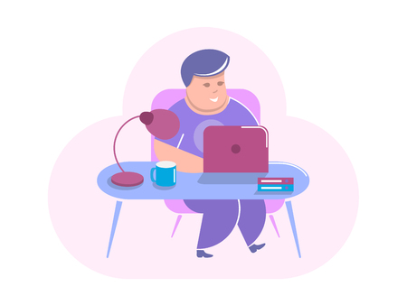 A man sits at a computer in an office and does business. Vector flat illustration for web design and printingのイラスト素材
