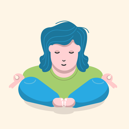 A young woman practices yoga sitting in the lotus position and meditates. Vector illustration in flat style for designのイラスト素材