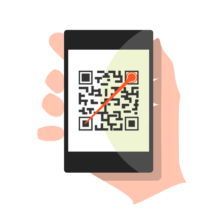 Illustration of a square bar code with a red laser line. Black smartphone in hand. Vector picture in flat style for web designのイラスト素材