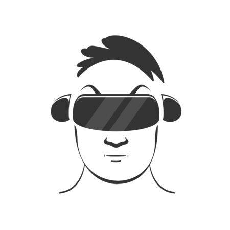 a man with a short haircut in a virtual reality helmet and headset, playing a video game. Vector black illustration in flat style on white backgroundのイラスト素材