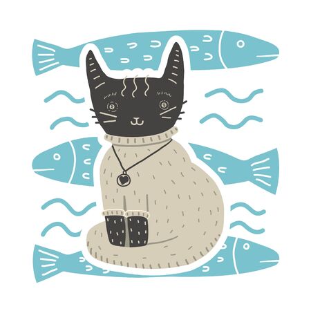 Cute cat in sweater sits on background of fishのイラスト素材
