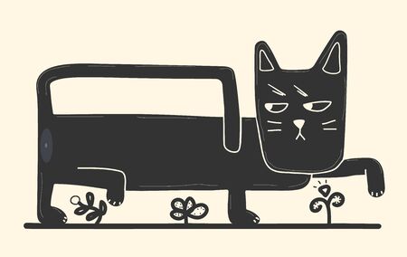 Funny black cat in cartoon style walks among the flowers. Picture of a funny black cat isolated on a white background. Vector stock illustration in cartoon style for web design and print on t-shirtsのイラスト素材