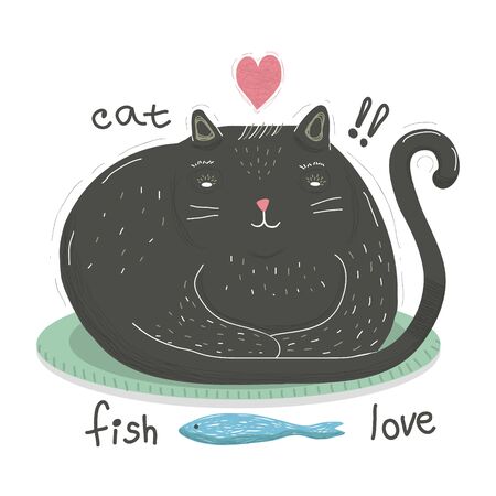 Funny cat in cartoon style sits and looks at fish. Picture of a funny and fat black cat isolated on a white background. Vector stock illustration in cartoon style for web design and print on t-shirtsのイラスト素材