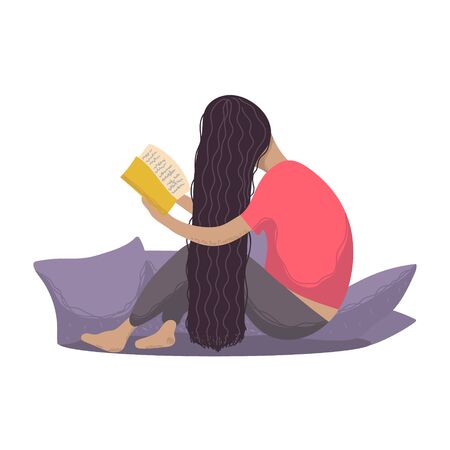 A girl with long black hair is sitting on a sofa and reading a book. Picture of a reading girl on a white background. Cartoon style. Vector stock illustration in flat style for web designのイラスト素材