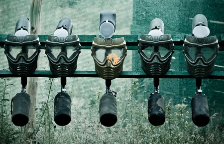 Wet mask after playing paintballの写真素材