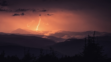 Lightning in Carpathians Mountains, Maramorosh ridge, night sceneの写真素材