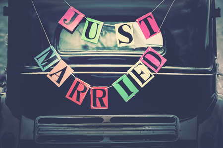 Retro wedding car, Just Married vintageの写真素材