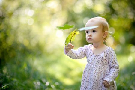 Little nice baby in a forest holding maples leavesの写真素材
