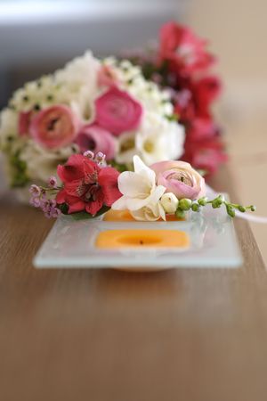 Pink freesia groom boutonniereの写真素材