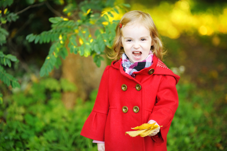 Little girl in a red coat at autumn holding leavesの写真素材