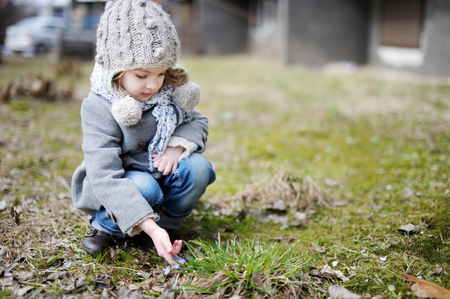 Little toddler girl touching first flowers of springの写真素材
