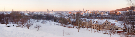 Winter panorama of Vilnius at sunsetの写真素材