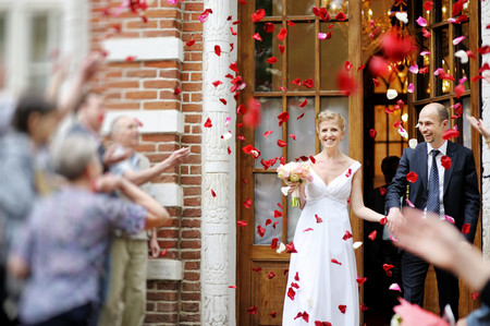 Just married couple under a rain of rose petalsの写真素材