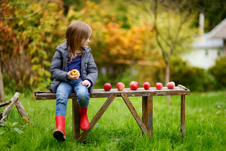 Little girl eating an apple on a wooden bench on autumn dayの写真素材