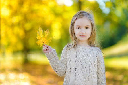 Adorable little girl having fun on beautiful autumn dayの写真素材