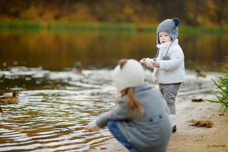 Two little girls feeding ducks at autumnの写真素材