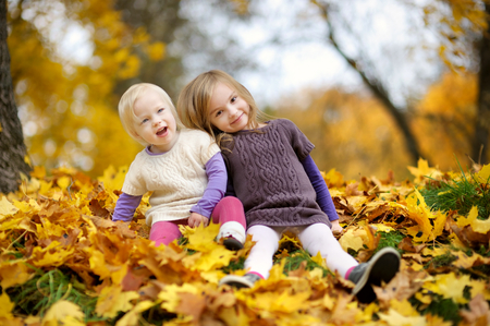 Two little sisters having fun in beautiful autumn parkの写真素材