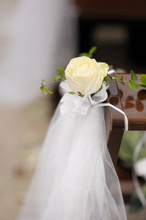 Beautiful flower wedding decoration in a churchの写真素材