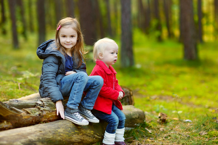 Two little sisters sitting on a big log in a forestの写真素材