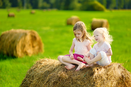 Two little sisters sitting on a haystack in wheat field on warm and sunny summer dayの写真素材