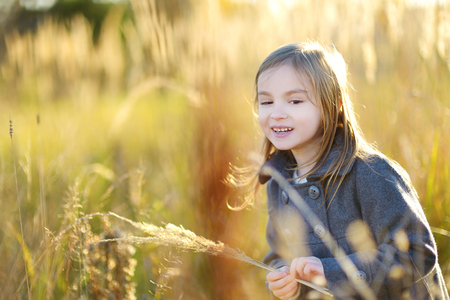 Portrait of a cute little girl on beautiful golden autumn dayの写真素材