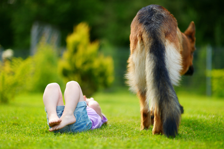 Cute little girl laying in the grass by her huge pet dogの写真素材