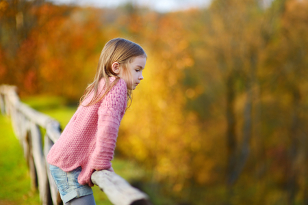 Portrait of a cute little girl on beautiful golden autumn dayの写真素材