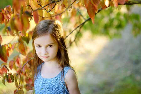 Portrait of adorable little girl outdoors on warm and sunny summer dayの写真素材