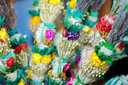 Traditional Lithuanian Easter palm known as verbos sold on spring market in Vilnius, Lithuaniaの写真素材