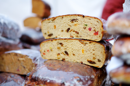 Loaves of organic bread for sale at outdoor farmers market in Vilnius