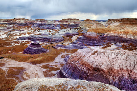 Stunning striped purple sandstone formations of Blue Mesa badlands in Petrified Forest National Park, Arizona, USAの写真素材