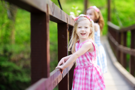 Two adorable little sisters having fun on a hanging bridge on beautiful summer dayの写真素材