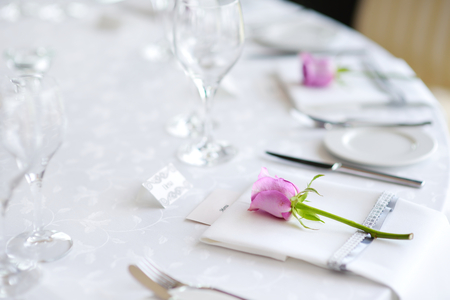 Beautiful table set for some festive event, party or wedding receptionの写真素材
