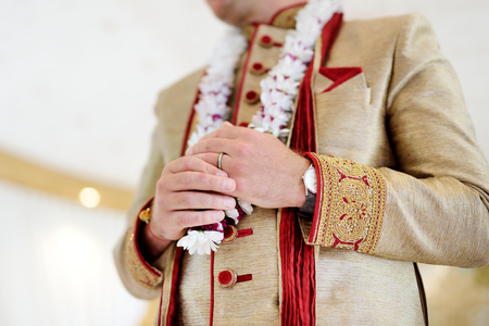 Amazing hindu wedding ceremony. Details of traditional indian wedding. Beautifully decorated hindu wedding accessories. Indian marriage traditions.の写真素材