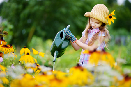 Cute little girl watering flowers in the garden at summer dayの写真素材