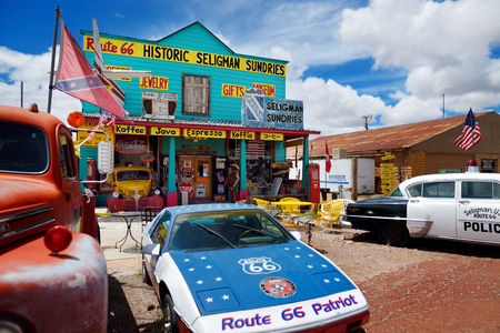 SELIGMAN, ARIZONA, USA - MAY 1, 2016 : Colorful retro Historic Route 66 decorations in Seligman Historic District. Seligman was on the original U.S. Route 66 until Interstate 40 bypassed it a couple miles south.のeditorial素材