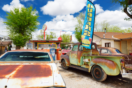 SELIGMAN, ARIZONA, USA - MAY 1, 2016 : Colorful Route 66 decorations in Seligman Historic District. Seligman was on the original U.S. Route 66 until Interstate 40 bypassed it a couple miles south.のeditorial素材