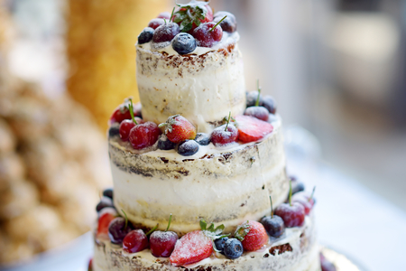 Delicious chocolate wedding cake decorated with variuos fruits and berriesの写真素材