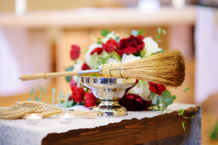 Priest's wedding accessories during catholic wedding ceremony in a churchの写真素材