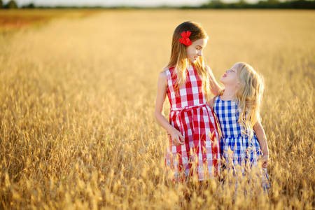 Two adorable little sisters walking happily in wheat field on warm and sunny summer evening. Cute children in rye field on sunset.の写真素材