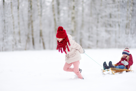 Two funny little girls having fun with a sleight in beautiful winter park. Cute children playing in a snow. Winter activities for kids.の写真素材