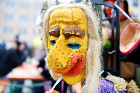 Wooden maks weared to celebrate Uzgavenes, a Lithuanian annual folk festival taking place seven weeks before Easter.の写真素材