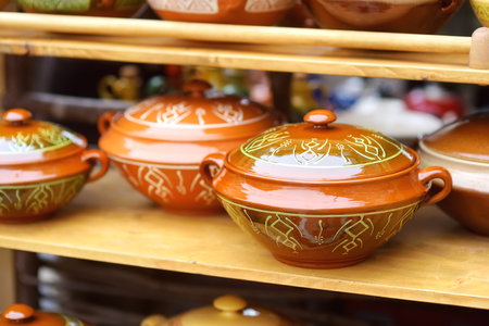 Ceramic dishes, tableware and jugs sold on Easter market in Vilnius. Lithuanian capital's annual...